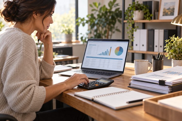 Business owner reviewing organized bookkeeping records