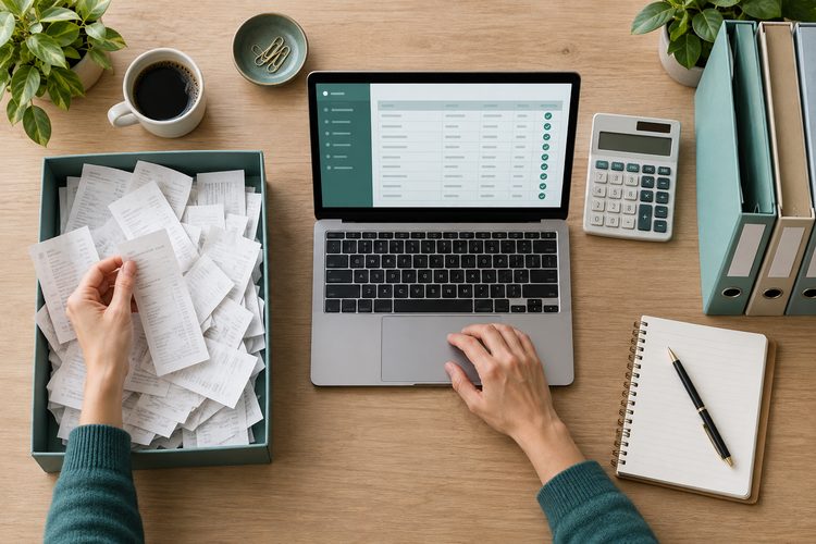 Receipts calculator and laptop representing a bookkeeping workflow