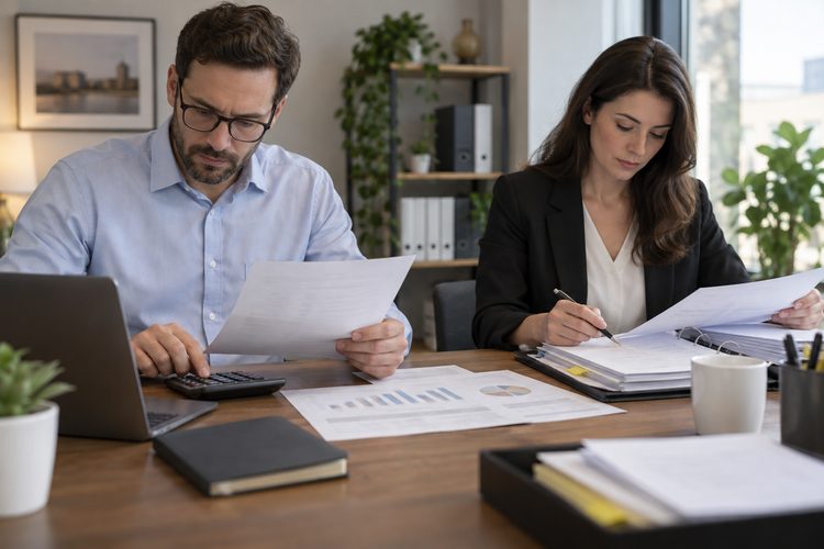Two people reviewing bank records and payment approvals