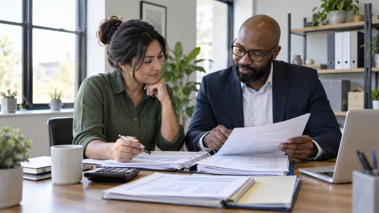 Small-business owner and accountant reviewing organized financial records