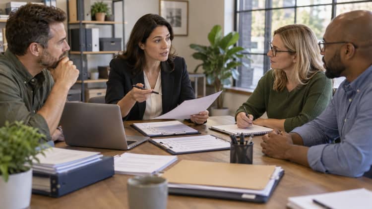Accountant leading a pre-audit review with a small-business team