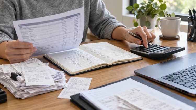 Accountant reconciling statements, receipts, and ledger records