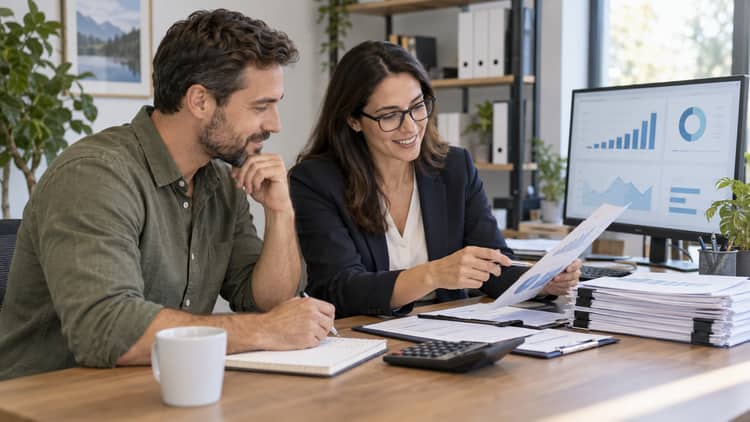 Business owner and accountant reviewing month-end financial records